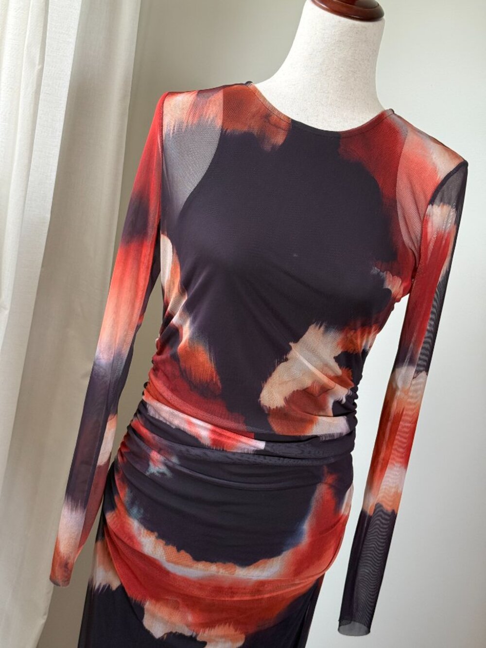 Zara Multicolor Abstract Printed Tulle Mesh Ruched Maxi Dress Small - Picture 3 of 7